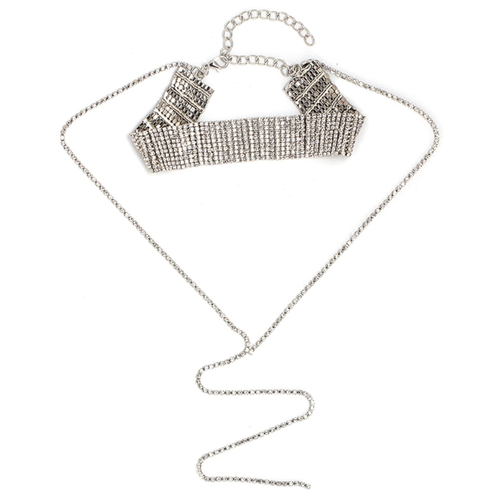 Crystal Choker Long Drop Statement Necklace - Picture 4 of 8