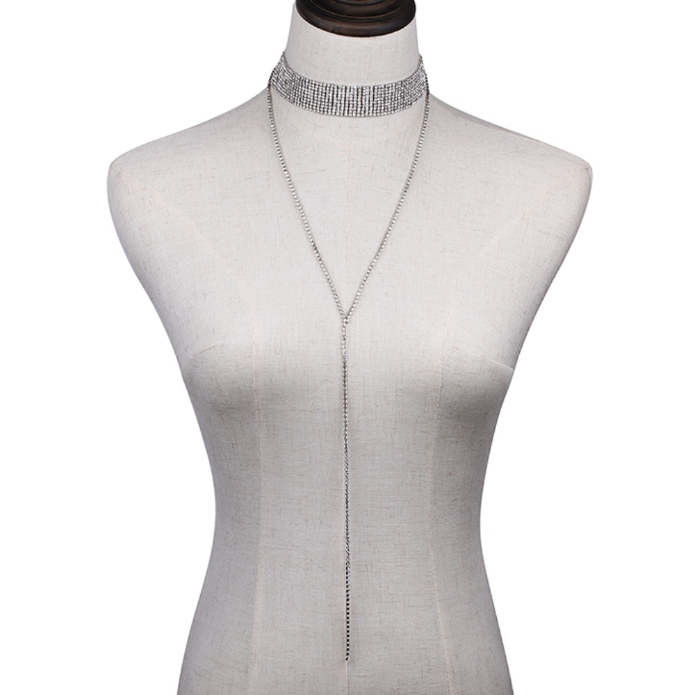 Crystal Choker Long Drop Statement Necklace - Picture 3 of 8