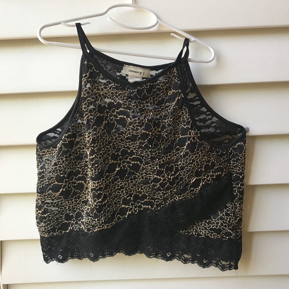 Black and gold lace halter crop top