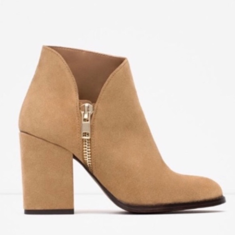 Zara Tan Suede Block Heel Bootie Size 9 - image 1