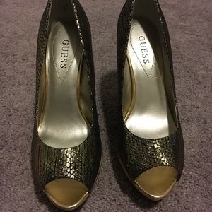 Guess Open Toe Gold Heels - snakeskin pattern