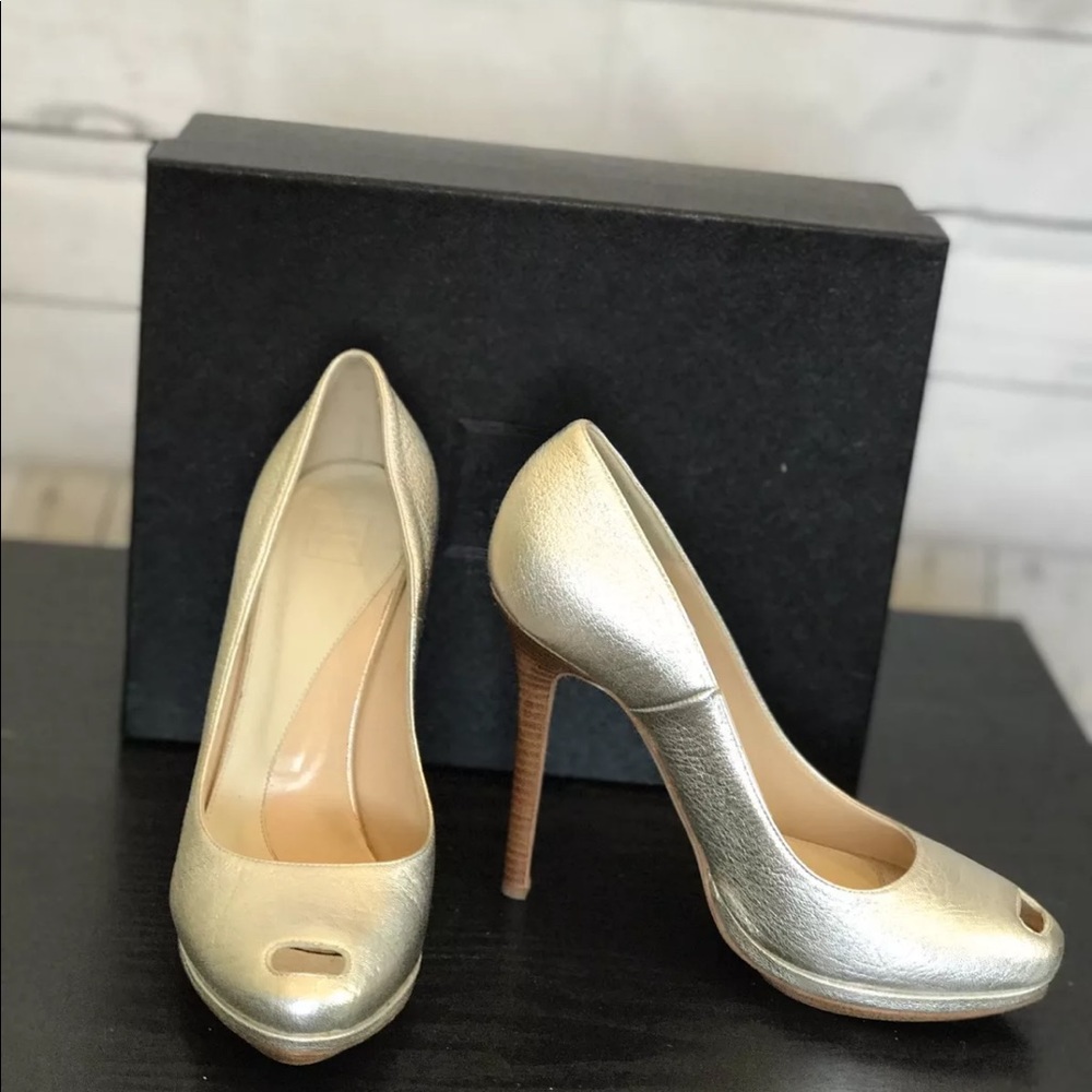Herve Leger Silver Peep Toe Heels Sz 38 1/2 NIB