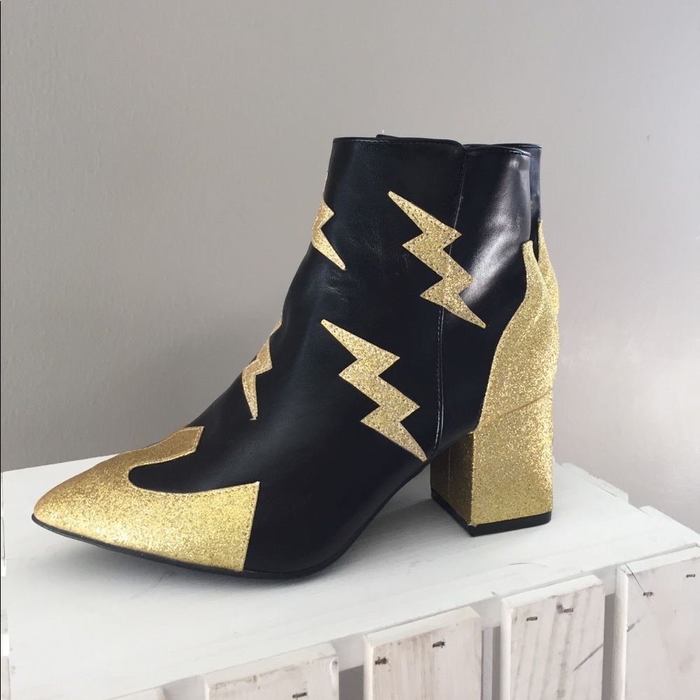 Leather/glitter chunky heel statement booties
