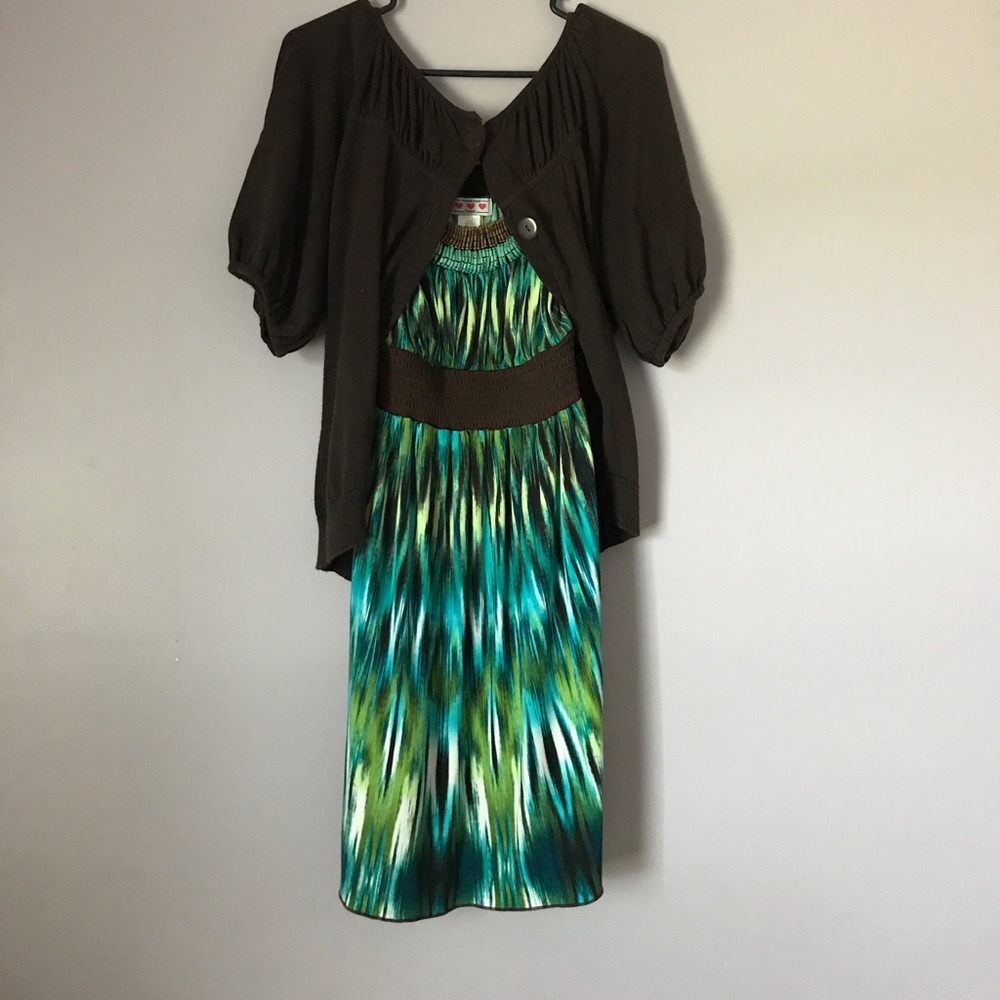 Beaded collar mini dress with brown cardigan XL