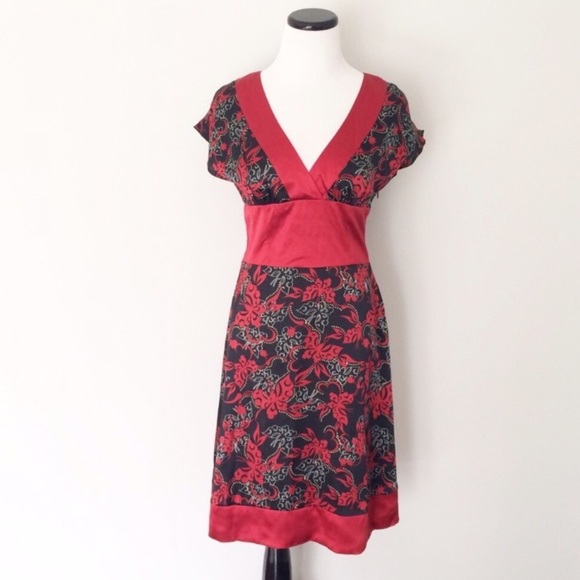 bebe Dresses & Skirts - Bebe Red black Asian inspired floral Silk Dress