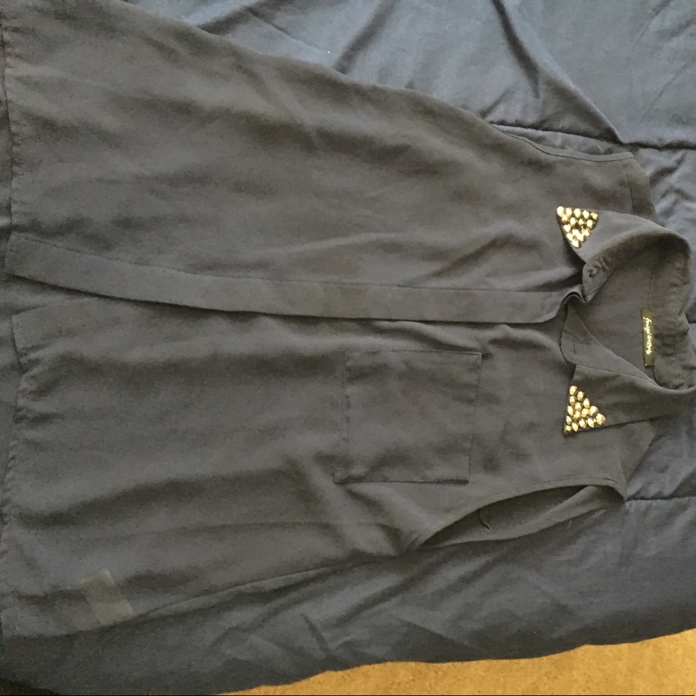 Sheer navy blue button up sleeves shirt