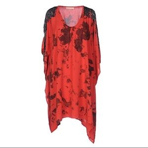 Red Fringe kaftan style blouse NWT