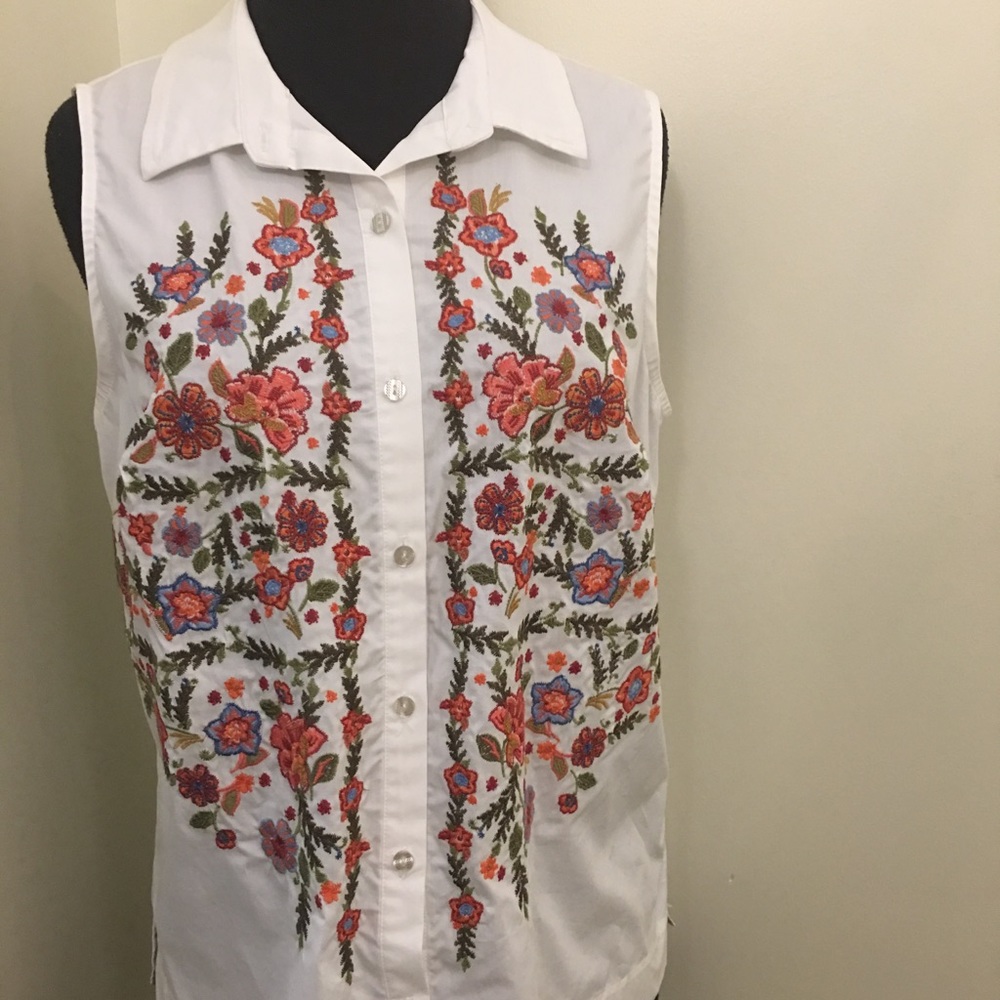 Embroidered Button Up Tank Top with Collar.