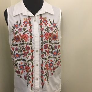 Embroidered Button Up Tank Top with Collar.