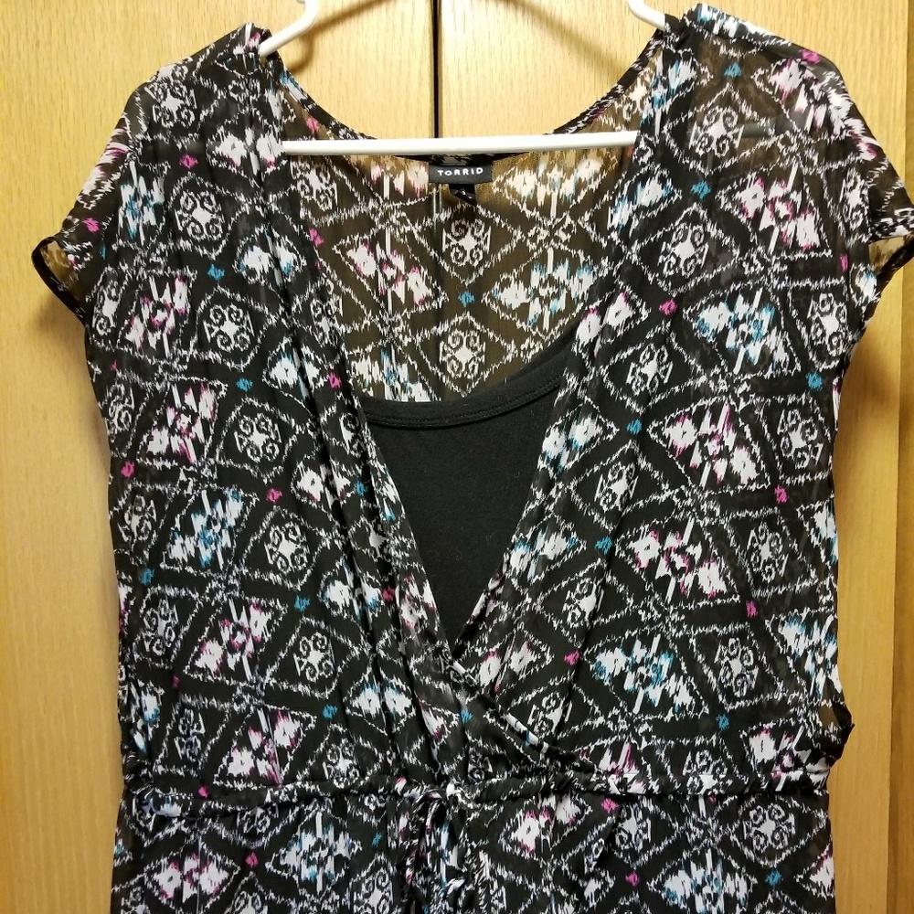 Black tank top dress with printed high low overlay