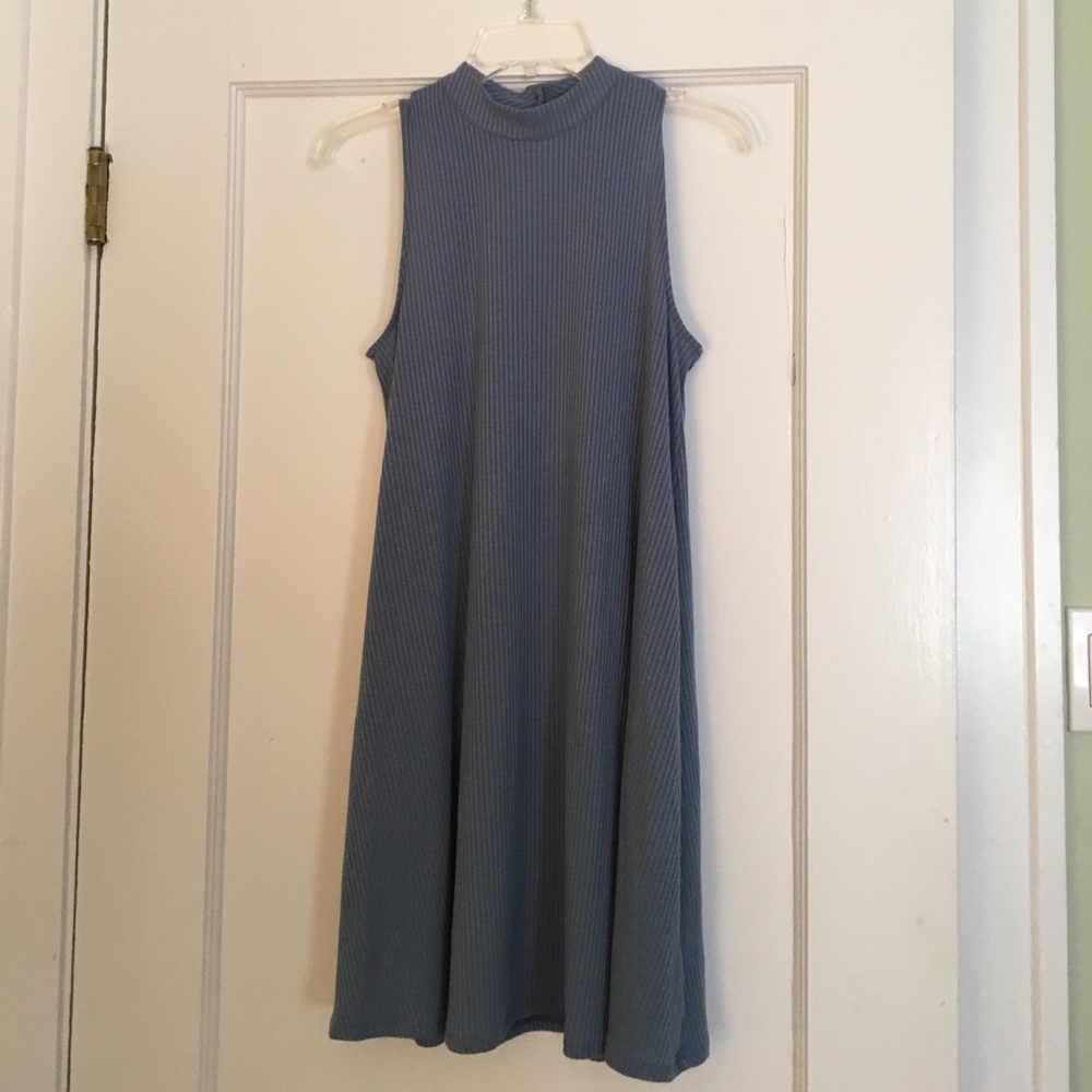 Blue halter neck shirt dress.