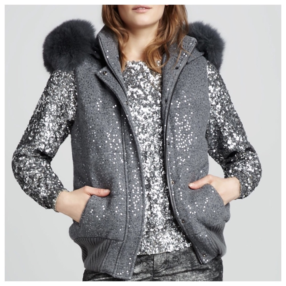 Alice + Olivia Gray Wool Sequin Fur Zip Puff Vest