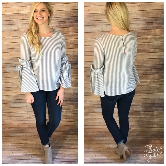 ‼️Sale‼️Grey Striped Tie Sleeve Blouse - Picture 2 of 2