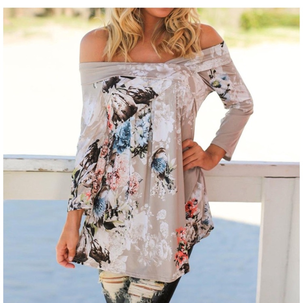 Taupe Off the shoulder flower top!