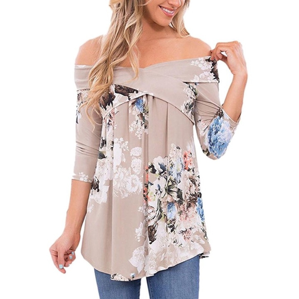 Taupe Off the shoulder flower top! - Picture 3 of 6