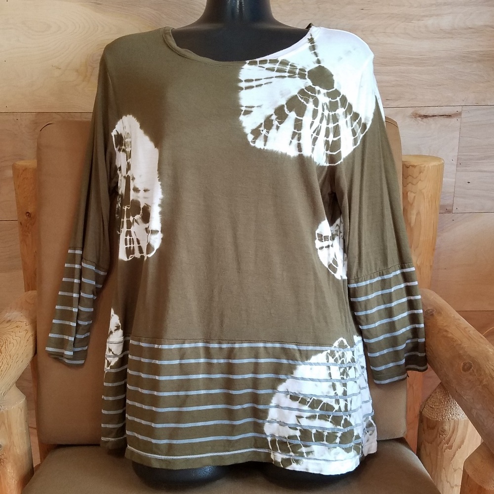 PULLOVER ISELA OLIVE GREEN/WHITE TOP 3/4+ SLEEVES