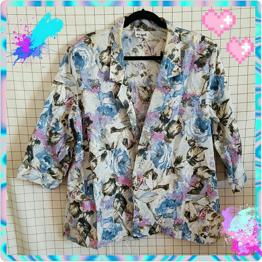 Vtg 90s Floral Collared Blazer 3/4 Quarter Sleeve