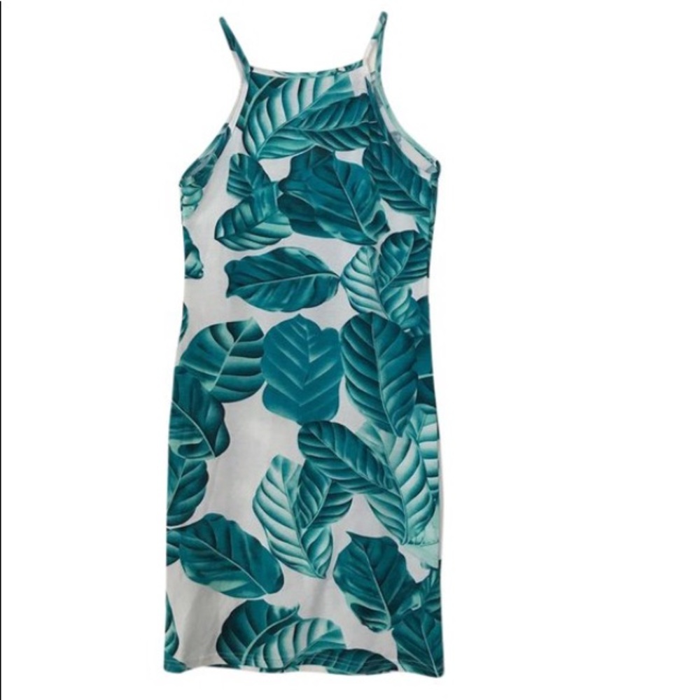 Palm print body con mini dress