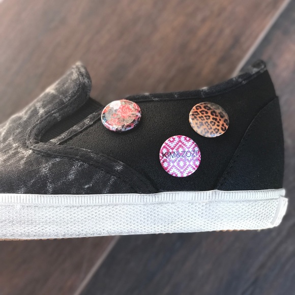 NIB Black Distressed Denim Metal Button Sneakers - Picture 2 of 8