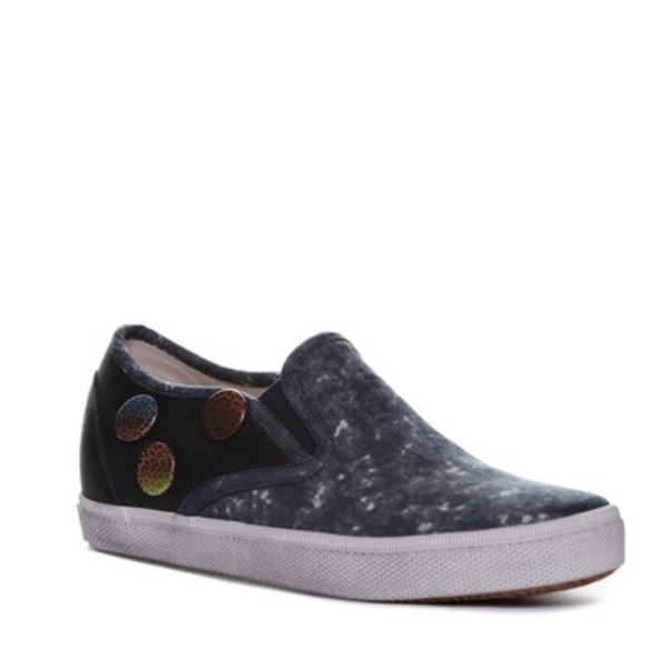 NIB Black Distressed Denim Metal Button Sneakers - Picture 3 of 8