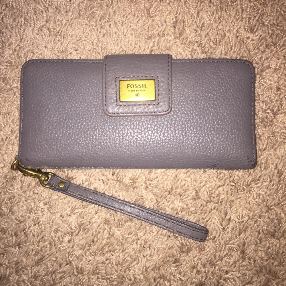 Fossil Gray Grey Leather Wallet with Gold Accents