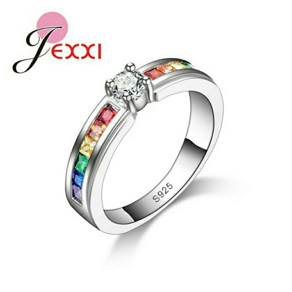 Sterling Silver Rainbow CZ Spinal Solitaire Ring - Picture 1 of 8