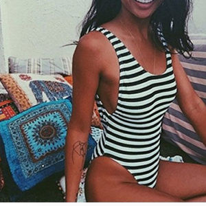 Black and White Striped One piece Swimsuit