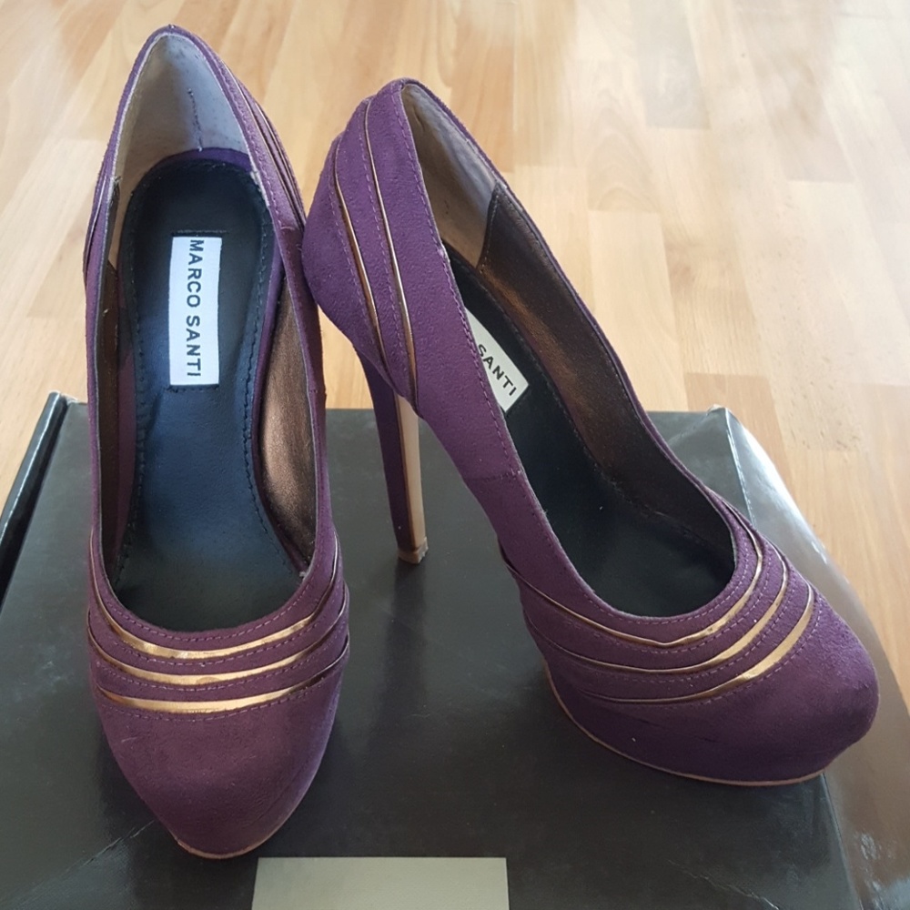 Purple suede platform heels