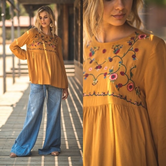 Embroidered Top Blouse Fall New Toffee Keyhole - Picture 2 of 8