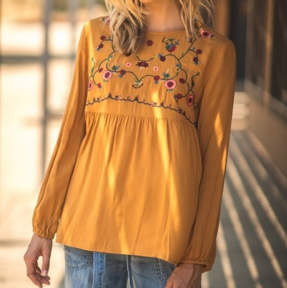 Embroidered Top Blouse Fall New Toffee Keyhole - Picture 5 of 8