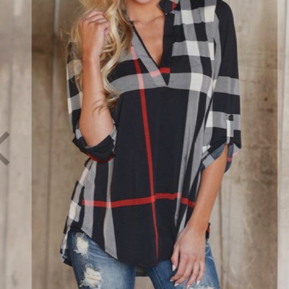 Black, red and white pattern work shirt.