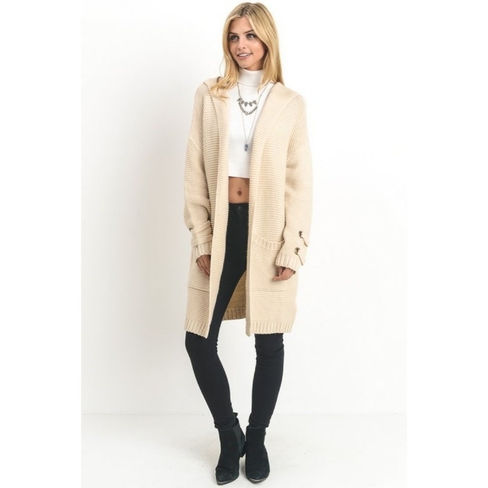 Long Chunky Knit Sweater Coat Open Front Hooded - Picture 5 of 8