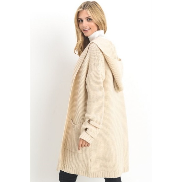 Long Chunky Knit Sweater Coat Open Front Hooded - Picture 4 of 8