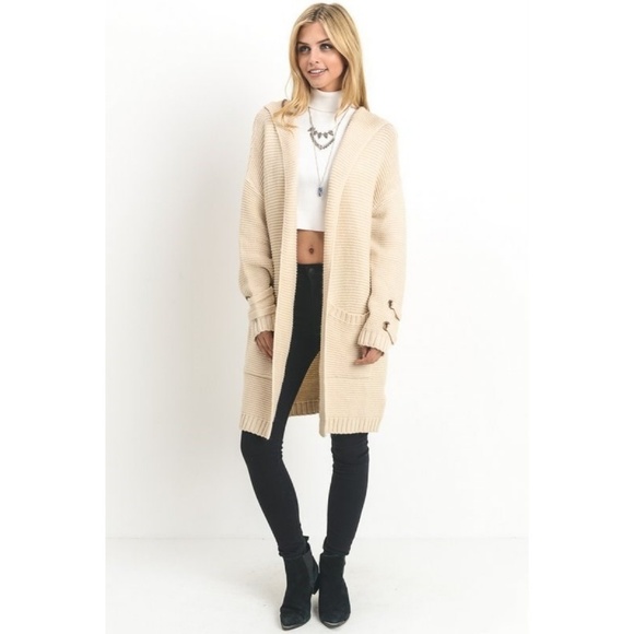 Long Chunky Knit Sweater Coat Open Front Hooded - Picture 5 of 8