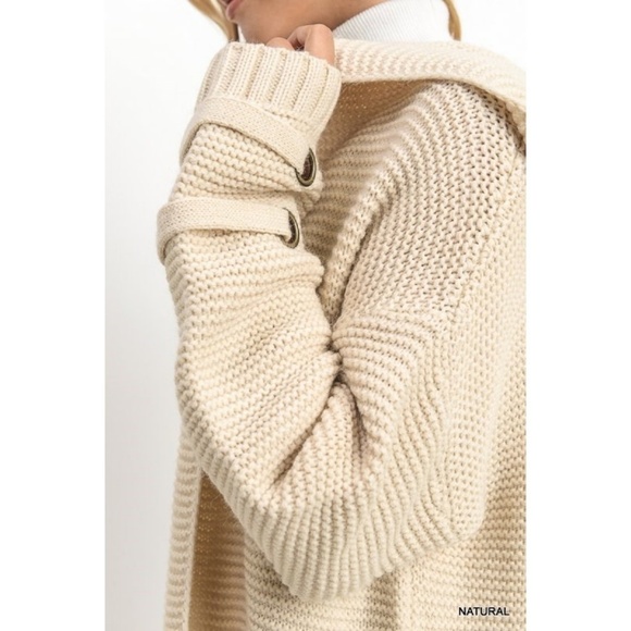 Long Chunky Knit Sweater Coat Open Front Hooded - Picture 3 of 8