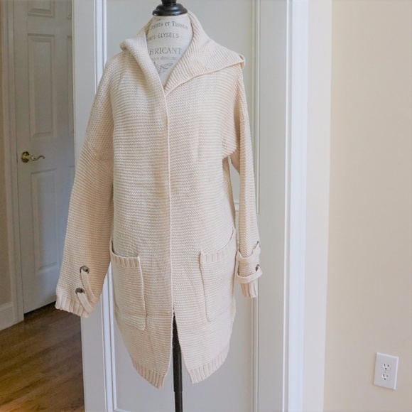 Long Chunky Knit Sweater Coat Open Front Hooded - Picture 6 of 8