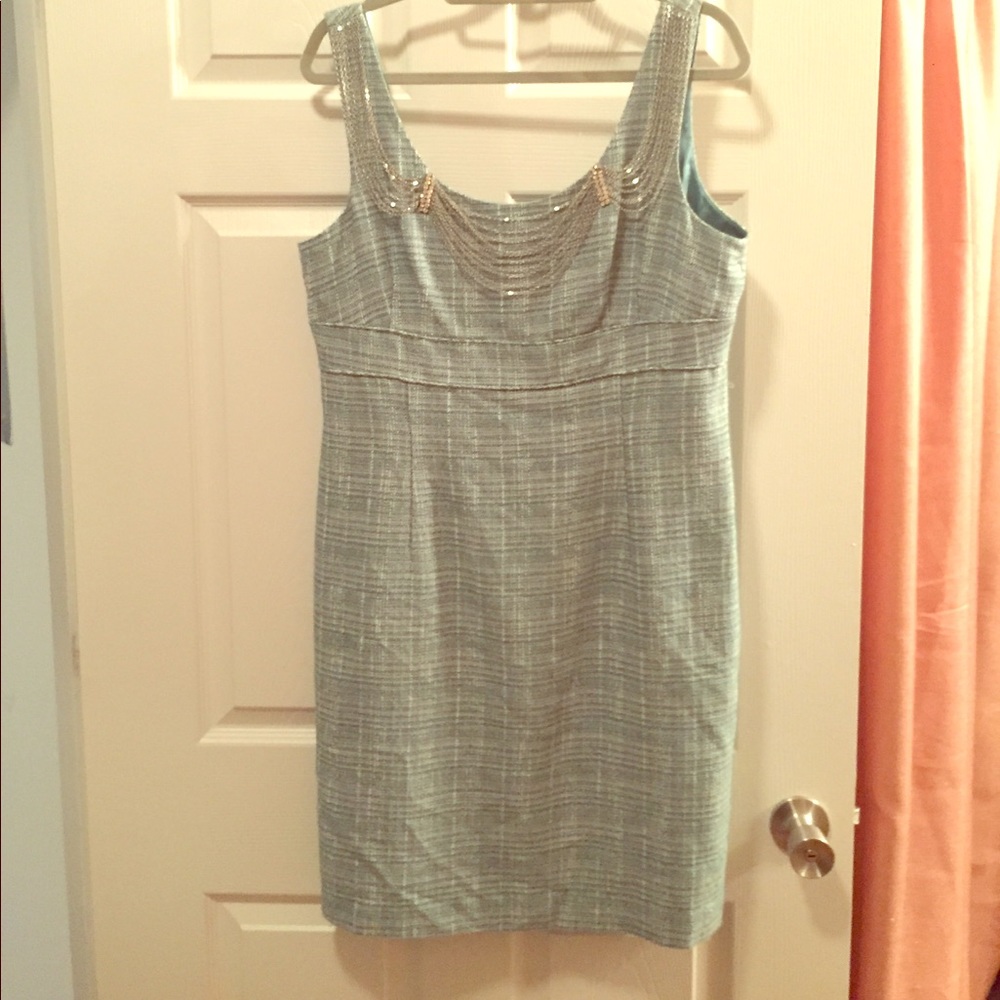Tweed blue green dress w/ built in sliver neck