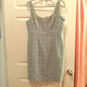 Tweed blue green dress w/ built in sliver neck