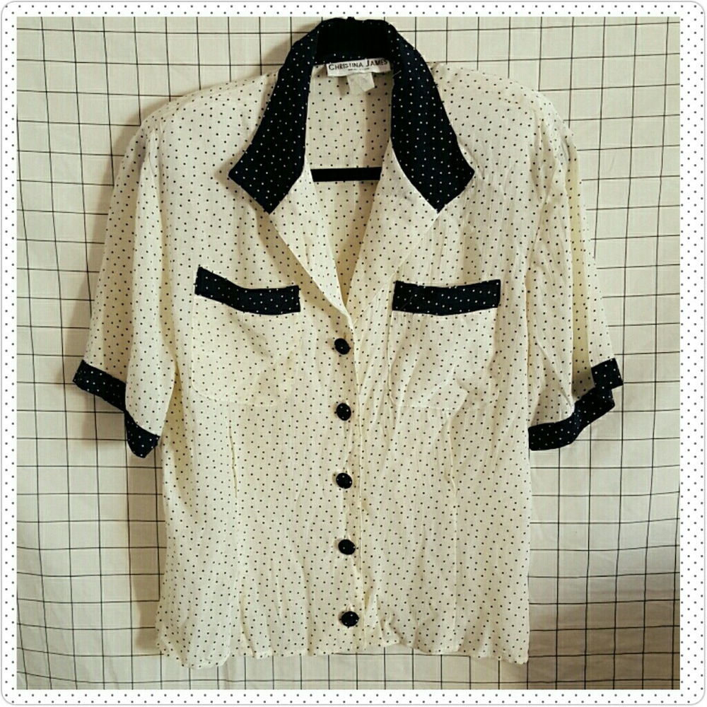 Vintage Polka Dot White and Navy Button Up Blouse