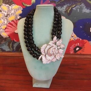 Black onyx necklace with Swarovski crystal rose.
