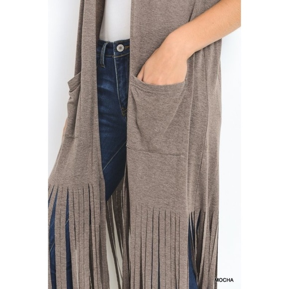 Long Fringe Vest Duster Front Pockets T shirt Feel - Picture 2 of 6