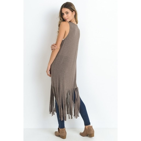 Long Fringe Vest Duster Front Pockets T shirt Feel - Picture 3 of 6