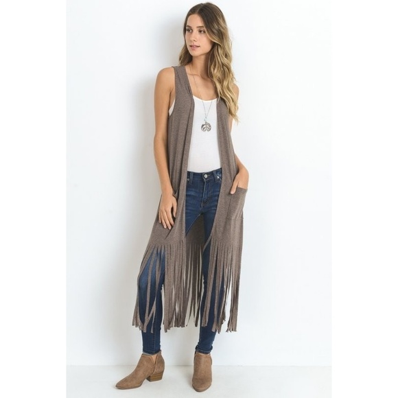 Long Fringe Vest Duster Front Pockets T shirt Feel - Picture 4 of 6