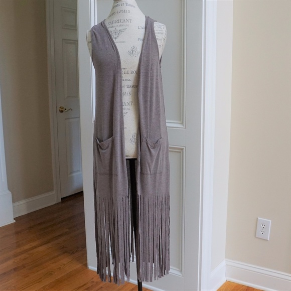 Long Fringe Vest Duster Front Pockets T shirt Feel - Picture 5 of 6