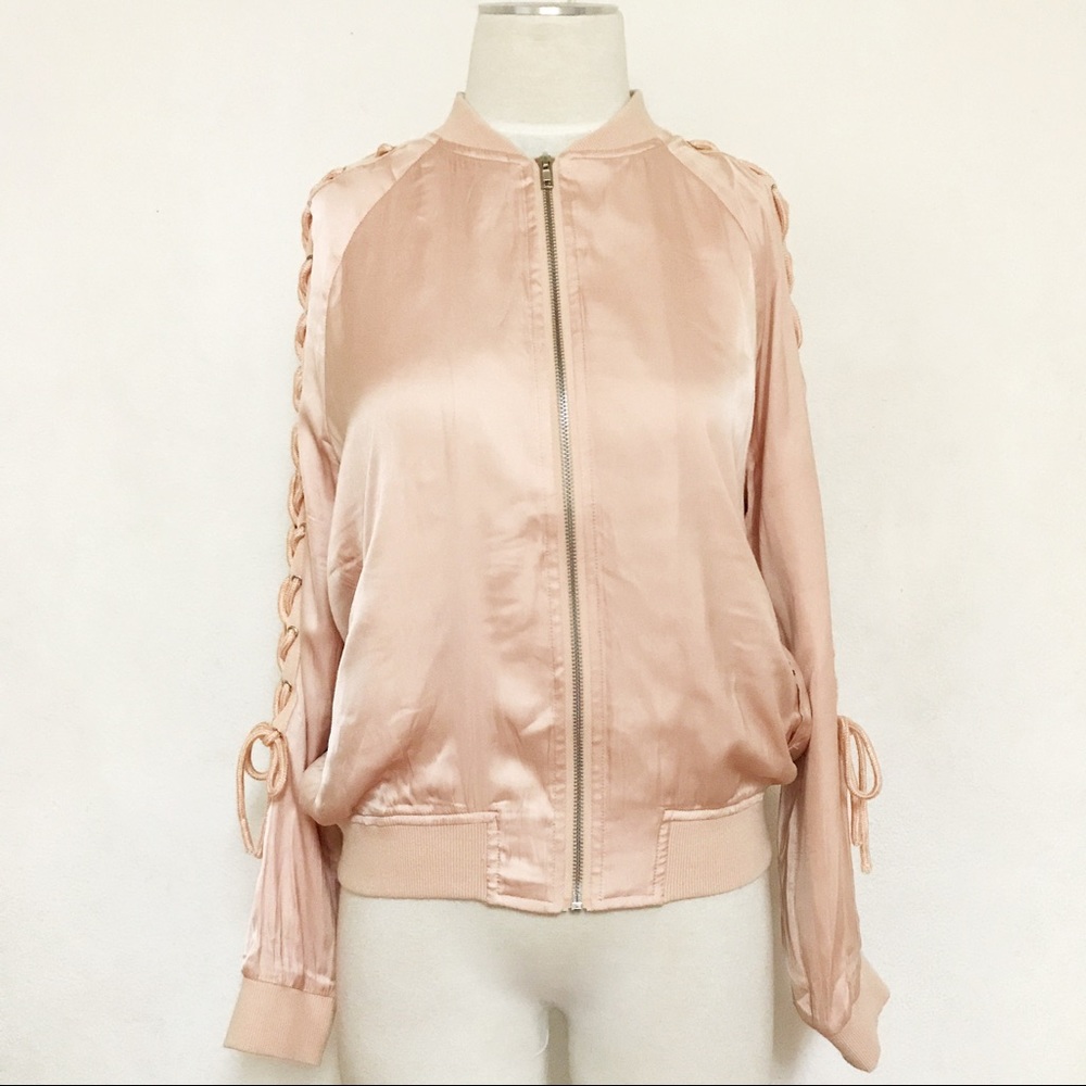 Pink blush Lace bow tie bomber lightweight jacket - Picture 3 of 6