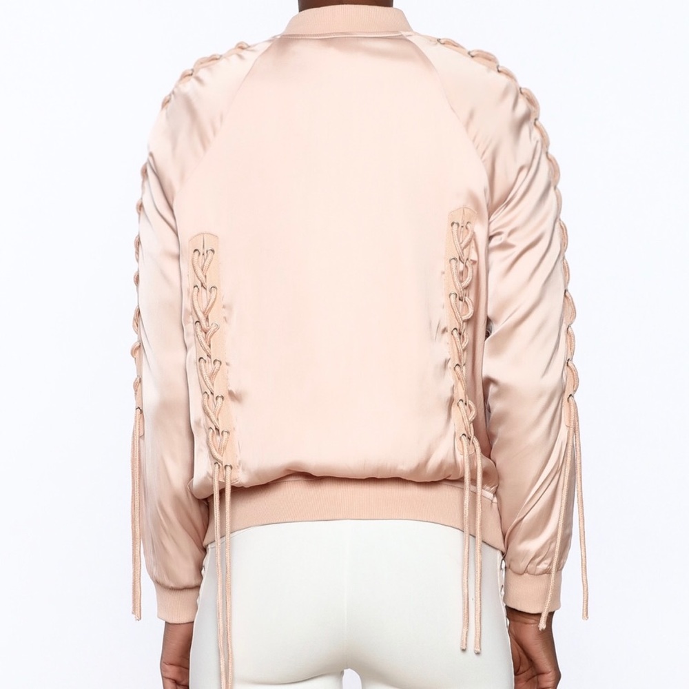 Pink blush Lace bow tie bomber lightweight jacket - Picture 5 of 6