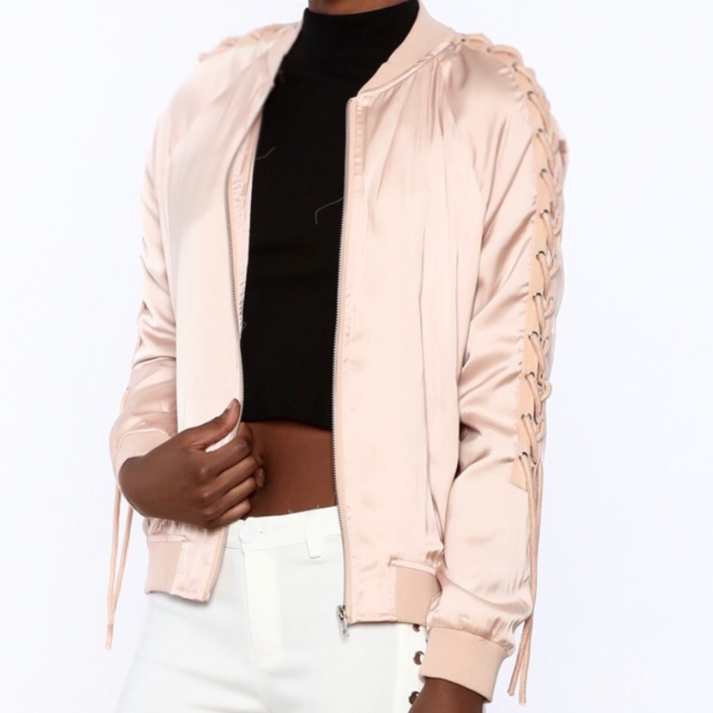 Pink blush Lace bow tie bomber lightweight jacket - Picture 6 of 6