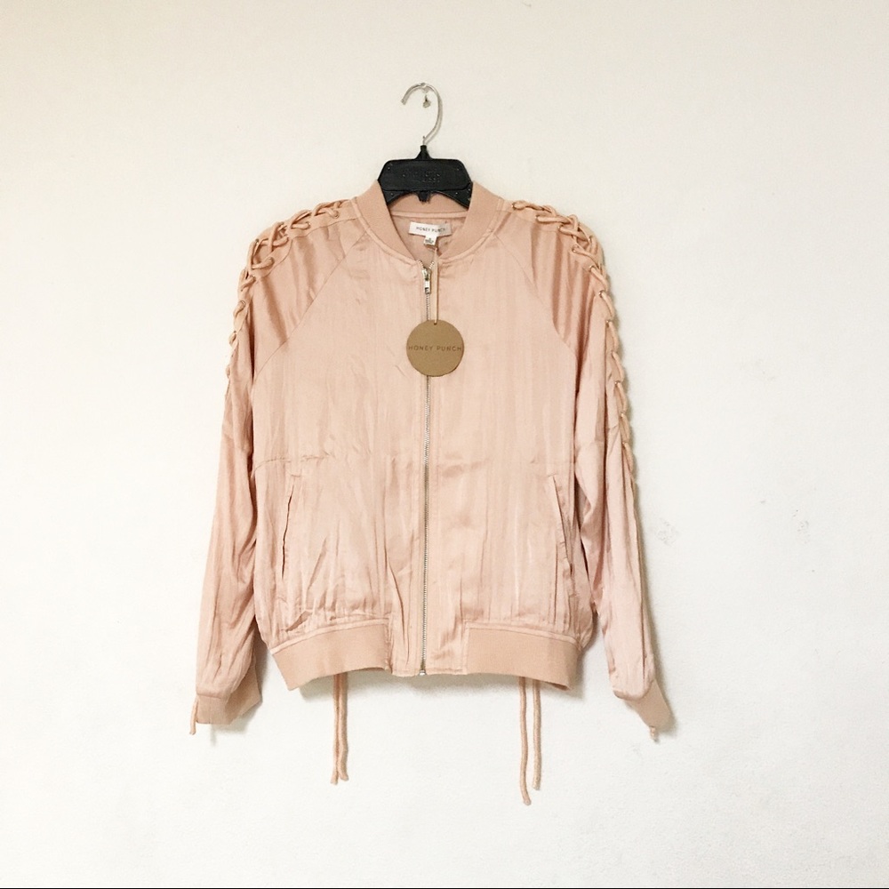 Pink blush Lace bow tie bomber lightweight jacket - Picture 2 of 6