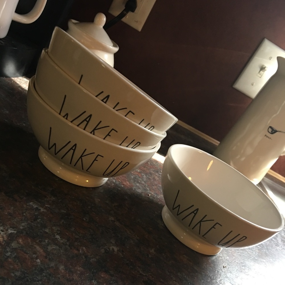 Rae Dunn 4 pack Wake Up bowls