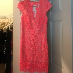 NWT Hot coral dress; lace with nude underlay